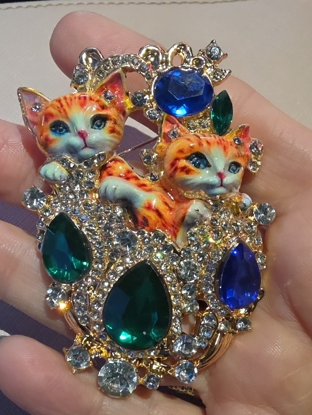 A83- Gold-Tone Orange Tabby Cat Brooch with Green & Blue Gem Accents